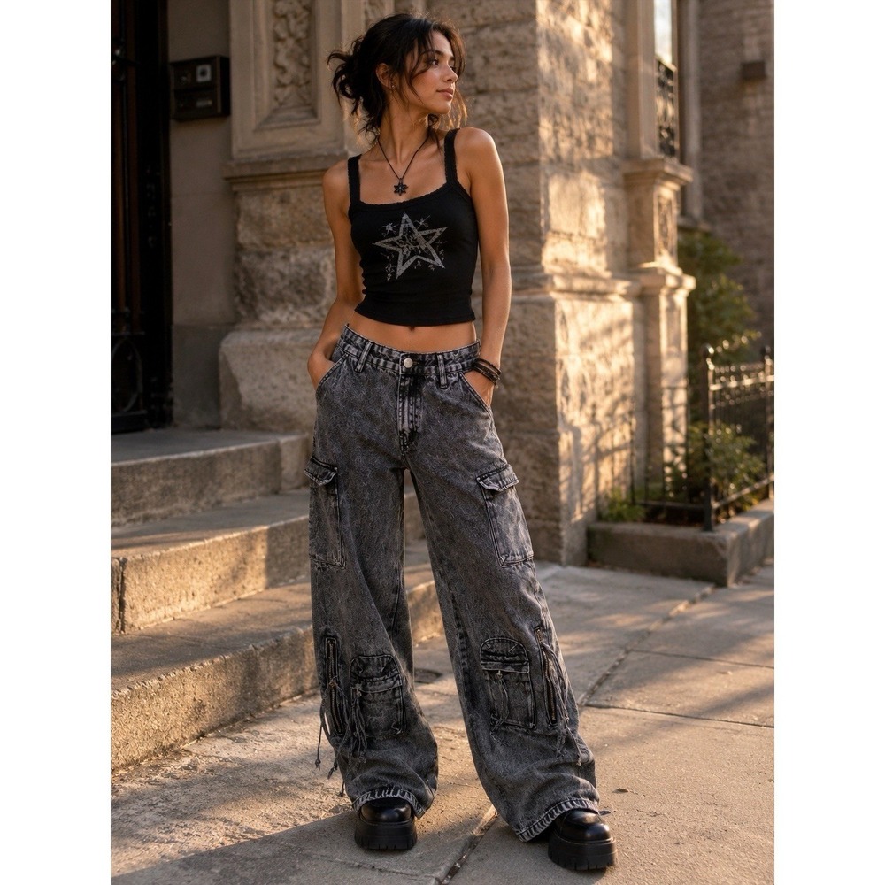 Disclosure Washed Black Cargo Jeans‎ Wide Leg Y2K Streetwear Utility Pants 9/29